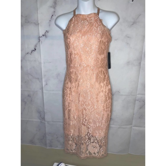 Lulus Wishful Wanderings in Small Blush Pink Lace Bodycon Midi Dress - Picture 1 of 13